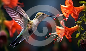 Elegant Hummingbird Hovering by Vibrant Red Flowers Capturing the Essence of Natures Delicate Balance