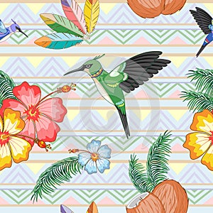 Hummingbirds Ethnic Dance with Hibiscuses Vector Seamless Pattern Textile Design photo