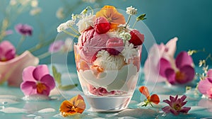 Elegant ice cream sundae adorned with exotic fruits and edible flowers