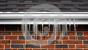 Elegant icicles gracefully hanging from the edge of a rooftop covered in glistening frost