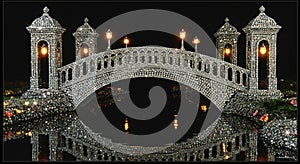 Illustration of a bridge over a river made of silver rhinestones on a black background photo