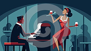 An elegant illustration of a jazz singer and her piano enticing passersby to come and experience a night of smooth tunes photo