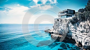 An elegant image of a palatial seaside villa, boasting stunning architecture and breathtaking ocean views for a lavish summer