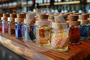 oil fragrances glass bottles wooden stopper photo
