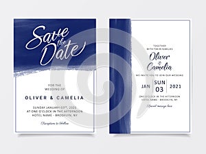 Elegant indigo brush stroke wedding invitation cards template. Artistic blue abstract background save the date, invitation,