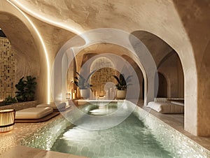 An elegant indoor swimming pool. A minimalistic beige stylish interior of hamam