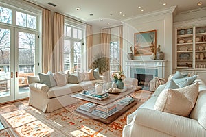 An elegant interior decorated in shades of white and beige.