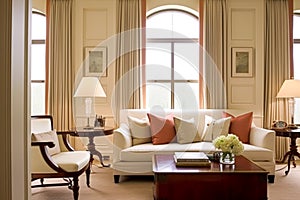 Elegant interior design, home decor, sitting room and living room, sofa and furniture in English country house, modern