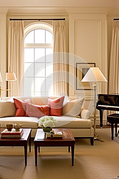 Elegant interior design, home decor, sitting room and living room, sofa and furniture in English country house, modern