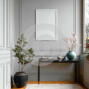 Elegant Interior Design Mockup of Blank Vertical Frame in Gray Room with Minimalist Decor Plants and Console Table