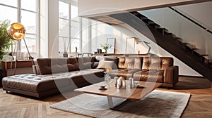 Elegant interior design of modern living room with brown leather sofa