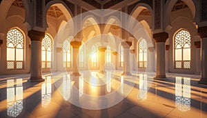 Sunlit Islamic Mosque Interior with Arched Columns and Golden Light