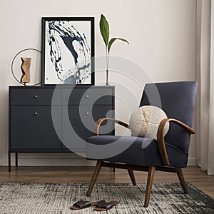 Elegant interior with mock up poster frame, blue armchair, commode, brown sofa, carpet, decoration, side table and personal
