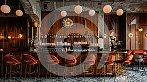 Elegant Interior of Modern Bar With Golden Lighting and Velvet Seating at Night