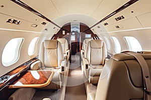 Elegant interior of a private jet, business class. Generative ai