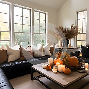 Elegant interior of the room, black couch, pillows, tiny, table with pumpkins and burning candles. Pumpkin as a dish of