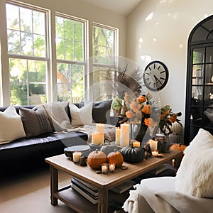 Elegant interior of the room, black couch, pillows, tiny, table with pumpkins and burning candles. Pumpkin as a dish of