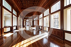 Elegant interior of a spacious, sunlit room with polished wooden floors, large windows, and traditional architectural details