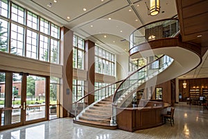 Elegant interior of university building with spiral staircase