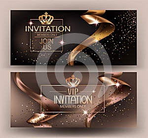 Elegant invitation card with beige textured curled gold ribbons.