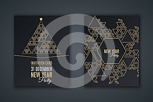 Elegant invitation card for New Year`s party. Pattern mosaic made of golden triangles on a black background. Christmas tree made