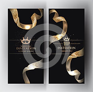 Elegant invitation cards with golden textured ribbons.