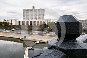 Elegant iron wrought fence of the Novoarbatskiy bridge. The House of the Government of the Russian Federation, Moscow, Russia.