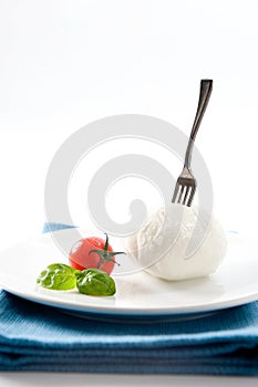 Elegant  Italian dish with a DOP buffalo mozzarella from Campania and tomato with basil on a white background and pla