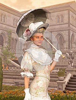 Elegant Jane Austen style woman strolling a courtyard
