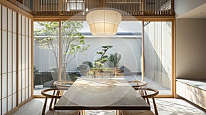 Elegant Japandi dining room with natural light and serene garden view