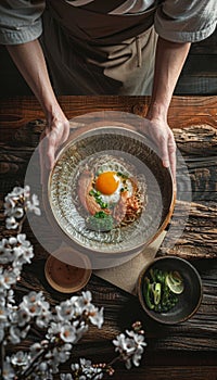 Elegant japanese ramen preparation a culinary delight in an eco friendly setting photo