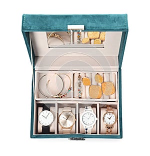 Elegant jewelry box with beautiful bijouterie and expensive wristwatches isolated on white, top view