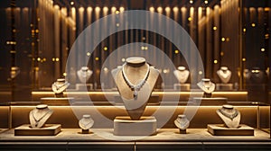 An elegant jewelry display featuring exquisite necklaces on mannequin busts