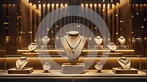 An elegant jewelry display featuring exquisite necklaces on mannequin busts photo
