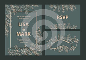 Elegant khaki and beige colored wedding invitations templates set with floral leaf branches photo