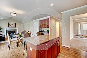 Elegant kitchen room with dining area extended to living room