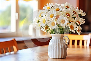 Elegant kitchen table with white daisies - perfect for captivating designs and text placement photo