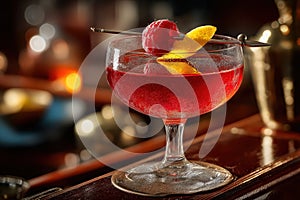 Elegant Knickerbocker cocktail glows ruby red under ambient light and lemon twist photo
