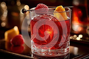 Elegant Knickerbocker cocktail glows ruby red under ambient light and lemon twist photo