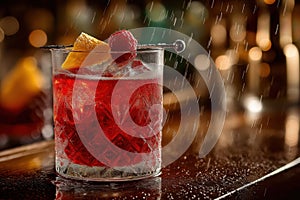 Elegant Knickerbocker cocktail glows ruby red under ambient light and lemon twist photo