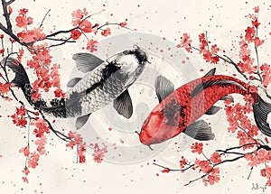 Elegant Koi Fish Amidst Blossoming Branches