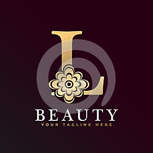 Elegant L Luxury Logo. Golden Floral Alphabet Logo with Flowers Leaves. Perfect for Fashion, Jewelry, Beauty Salon, Cosmetics, Spa