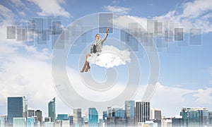 Elegant lady boss or accountant float on cloud and pointing with finger