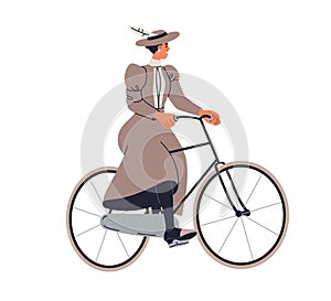 Elegant lady cycling in 19th century dress and hat. Noble woman riding retro bike. Female aristocrat on bicycle of