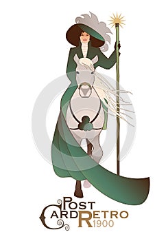Elegant lady wearing hat and vintage clothes on horseback, holding a wand with a luminous star isolated on white background
