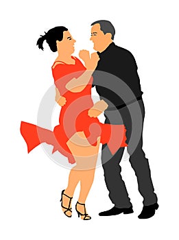 Elegant latino dancers couple illustration. Mature tango dancing people in ballroom night event.