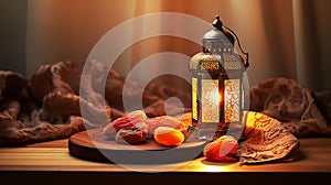 Elegant lattern and dried dates on wooden, ramadan eid mubarak concept