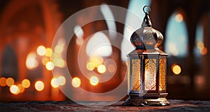 Elegant lattern and light bokehs in mosque, ramadan eid concep