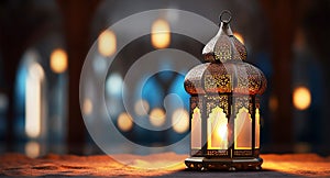 Elegant lattern and light bokehs in mosque, ramadan eid concep