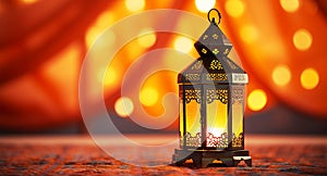Elegant lattern and light bokehs in mosque, ramadan eid concep photo